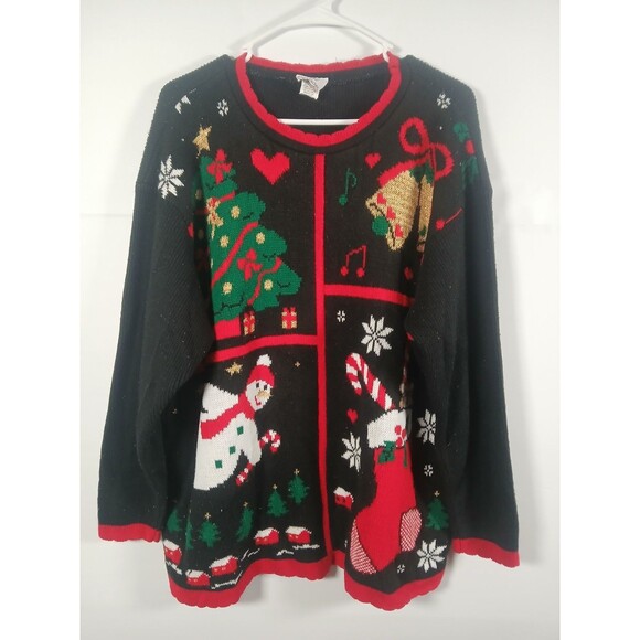 Nutcracker VTG Ugly Christmas Sweater 2X Snowman Tree Bell Stocking Candy Cane - Picture 1 of 8